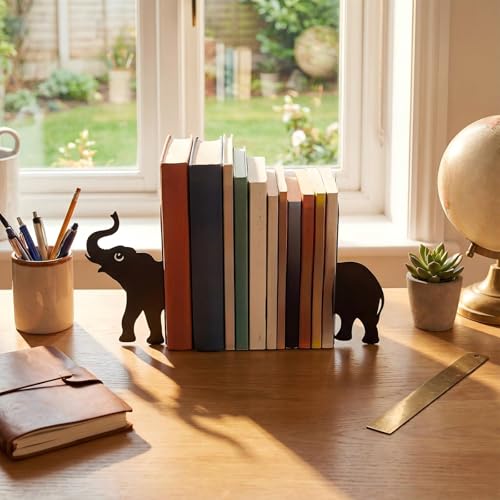 Elephant Metal Bookends Set of 2 Styles Book Ends for Shelves Bookshelf Home Office Desk Bookshelf Decor Gift for Elephant Lovers and Reading Enthusiasts - style: Elephant