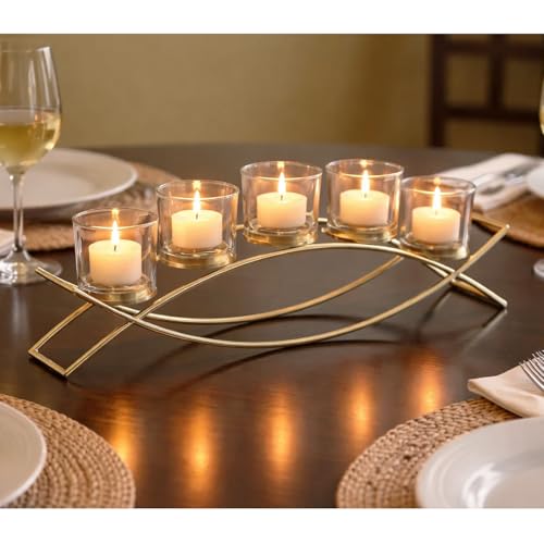 Centerpieces for Tables, Dining Room Candle Holder Decor, Gold | Votive Candle Holders, Wrought Iron 5 Cup Candelabra, Long Modern Coffee Console Table, Clear Glass Cups, 17in Long - color: Gold/Clear, size: 5 Cup