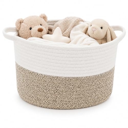 Woven Storage Baskets for Organizing - 1 Piece Cotton Rope & Handwoven Cattail Decorative Bins with Reinforced Handles, Nesting Nursery Basket Set for Closet, Shelf, Toys, and Towels
