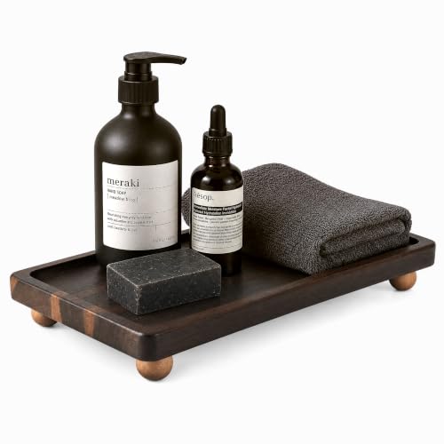 Dark Acacia Rustic Bathroom Tray for Kitchen Counter, Sink, Vanity, Brown | Acacia Wood, Raised ball feet, Rounded edge, Water-resistant finish, Wooden soap dish tray, Bathroom Decor - color: Dark Acacia