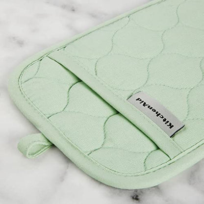 KITCHENAID Quilted Cotton Terry Cloth Oven Mitt, Pot Holder, Kitchen Towel 4-Pack Set, Heat Resistant, Silicone Grip, 16"x26", 7"x13" & 7"x10", Pistachio - color: Pistachio