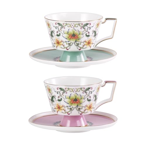 KAMMAK Ceramic Coffee Cups Saucers Set of 2, Porcelain Espresso Cups with Saucers, 8.12 oz Handcrafted Elegant Bone China Tea Cups, Lotus Floral Pattern Teacup for Party, Office, Women Gift - color: Ruyi Lotus (Pink + Green)