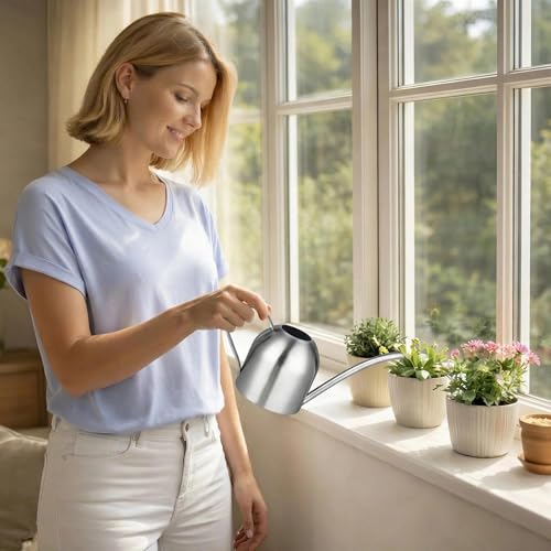 IMEEA Indoor Watering Can for House Plants 33oz/1L Brushed Stainless Steel Watering Can with Long Spout for Succulents, Bonsai - color: 33oz (Silver)