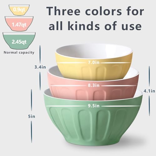 Lareina Ceramic Mixing Bowls Set of 3, Large Nesting Bowls for Serving/Baking/Prepping, Housewarming & Wedding Gift, Oven, Microwave and Dishwasher Safe 3.2/1.7/1.2 Qt, Pastel Color