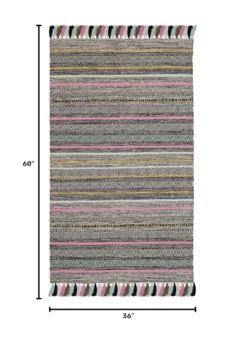 SAFAVIEH Montauk Collection Accent Rug - 3' x 5', Black & Multi, Handmade Boho Stripe Fringe Cotton, Ideal for High Traffic Areas in Entryway, Living Room, Bedroom (MTK901B) - color: Black/Multi, size: 3' x 5' (Rectangular)