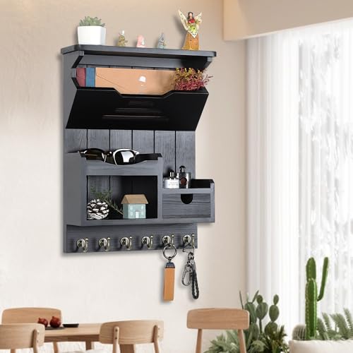 DOPACE Handcrafted Pine Wood Mail Organizer & Key Holder, Black | Hand-polished natural pine wood with storage drawer & 6 hooks, Fine spray paint finish, Easy wall mount - color: Black