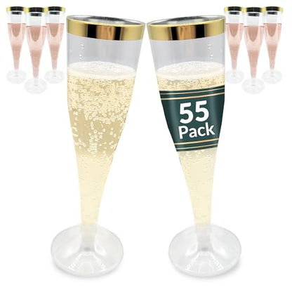Reli. Disposable Champagne Flutes (55 Pack) | 4.5 oz Clear w/ Gold Rim | Premium Plastic Champagne Flutes | Party-Perfect for Celebrations, Weddings, Graduation, New Year