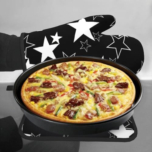 Black Star Oven Mitts and Pot Holder Set of 2 Galaxy Space Heat Resistant Kitchen Oven Gloves Potholders for Baking Cooking Grilling BBQ - color: Black Star