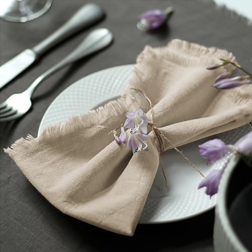 Handmade Cloth Napkins 100% Cotton Napkins with Fringe，Delicate Handmade Cloth Napkins for Dinners, Parties, Weddings and More，18 x 18 Inch Set of 4 - Beige - color: Beige