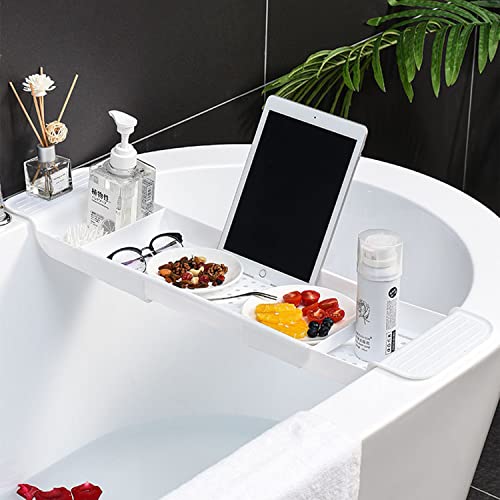 Expandable Drain Bath Shelf Caddy Tray, Multifunctional Plastic Bathtub Tray Bathroom Organizer Simple Stylish Bathtub Storage Rack for Candle Towel, Book, Wine, Phone, Shower - color: White - 1pcs