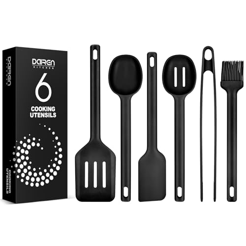 Silicone Kitchen Utensils Set, Heat Resistant Cooking Utensil with Spoon, Scraper, Spatula, Basting Brush & Tongs, BPA-free Non-stick Cookware for Frying, Basting, Serving, Grilling (6 Pack) (BLACK) - color: Black