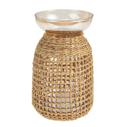Baluue Decorative Glass Vase with Amber Inner Bottle and Woven Straw Cover, Small Tabletop Flower Arrangement Container for Home and Living Room Décor