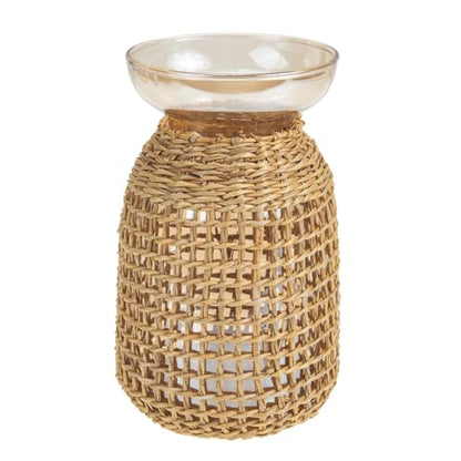 Baluue Decorative Glass Vase with Amber Inner Bottle and Woven Straw Cover, Small Tabletop Flower Arrangement Container for Home and Living Room Décor