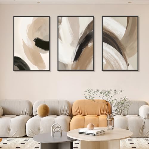 Large Neutral Abstract Wall Art Set of 3 Framed Canvas Prints, 24x36 Inch Modern Beige Black Abstract Paintings with Gold Accents, Minimalist Wall Decor for Living Room Bedroom Dining Room, Metal Frame Ready to Hang - color: Earthy Curves, size: 36"L X 24