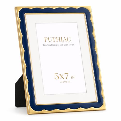 5x7 Scalloped Enamel Picture Frame, Gold Edge, Midnight Navy | Aluminum Alloy Frame, Enamel Inlay, Tempered Glass, 4x6 Mat, Wall or Tabletop Display for Shelves, Portraits, Art Prints - color: Midnight Navy, size: 5x7
