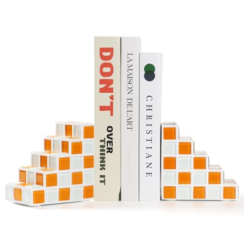 Decorative Bookends for Shelves Stair Book Ends for Heavy Books | Unique Book Stopper & Holder for Shelves, Modern Home Decor Aesthetic Bookshelf Decor, Orange & White - color: Orange & White