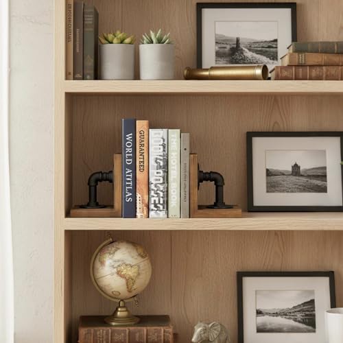 MyGift Rustic Wood Decorative Bookends with Industrial Pipe Design | Realistic Pipe Detail, Stable Support, Rustic Styling, Home Office Accent, Father’s Day Gift, Unique Shelf Display