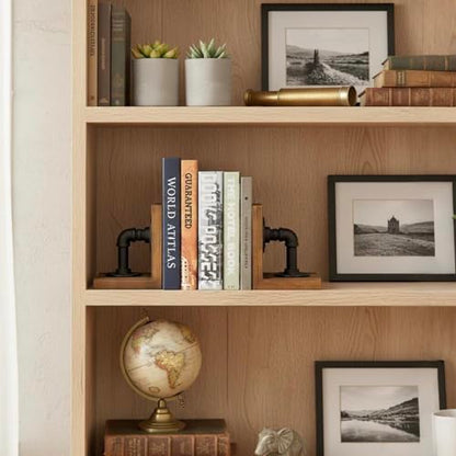 MyGift Rustic Wood Decorative Bookends with Industrial Pipe Design | Realistic Pipe Detail, Stable Support, Rustic Styling, Home Office Accent, Father’s Day Gift, Unique Shelf Display