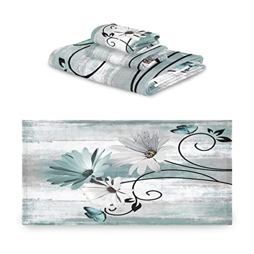 Bath Towels Set Farm Teal Daisy Floral Flowers Butterfly on Country Wooden 3 Piece Towel Set(1 Luxury Bath Towel 1 Hand Towel 1 Washcloth) Soft Absorbent Decorative Bathroom Kitchen Towels