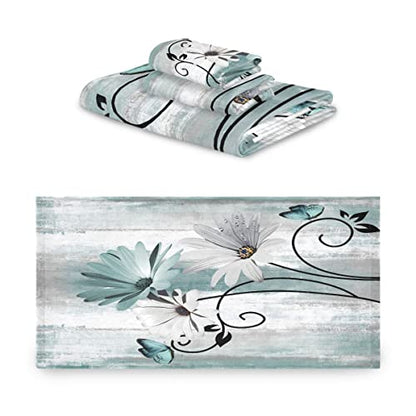 Bath Towels Set Farm Teal Daisy Floral Flowers Butterfly on Country Wooden 3 Piece Towel Set(1 Luxury Bath Towel 1 Hand Towel 1 Washcloth) Soft Absorbent Decorative Bathroom Kitchen Towels
