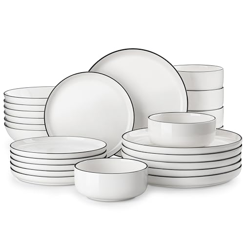 MALACASA 24 Pcs Porcelain Plates and Bowls Sets,Dinnerware Set for 6,White | Modern Ceramic Dishware Set,Kitchen Dining Ware,Microwave and Dishwasher Safe,Simple White with Black Trim Design,Series LUNA - color: Ivory White-Black Rim, size: 24 Pcs (Servic