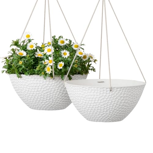 LA JOLIE MUSE Hanging Planters for Outdoor Plants, Large Hanging Planter with Drain Holes, Outdoor Hanging Flower Pots, White Stone, Honeycomb (13.2 Inch, Set of 2) | White Stone Finish, Hanging Baskets and Flower Pots for Outdoor Plants, Decorative Outdo