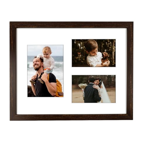 Golden State Art 11x14 Dark Brown Wood Picture Frame for 5x7 and 4x6 Photos | 3 Opening Picture Frame,White Mat included,Real Glass, Sawtooth Hanger - Wall Mounting - Great for Posters, Weddings(1 Pack) - color: Dark Brown&White Mat-1P, size: 1 5x7 And 2