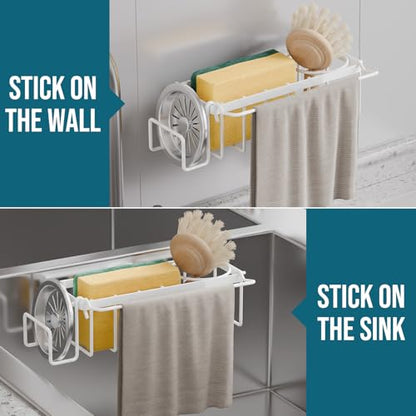 TAILI 4-in-1 Sponge Holder for Kitchen Sink with Strong Suction Cup-White | Removable Rustproof 304 Stainless Steel Multi-compartment Sponge Holder with Suction Cup, Keeps Brushes & Scrubbers Tidy - color: White, size: 7.28" x 2.36"