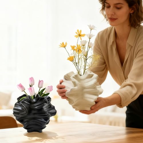Ceramic Vase, Set of 2 White & Black Vases for Home Decoration | Flower Vase, Minimalist Nordic Boho Style for Modern Farmhouse Decor, Living Room; Kitchen; Bedroom; Dining Table etc - color: 2 Large Ceramic Vases