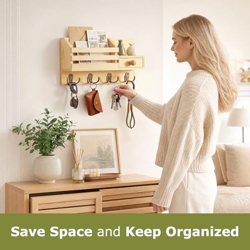 Key Holder Wall Mount, Wooden Key and Mail Organizer, Natural | 2 Mount Options, Includes 8 Hooks, Fence Mail Slot, Small Drawer and Shelf, for Entryway, Hallway, Doorway, Living Room, RV - color: Natural
