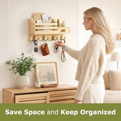 Key Holder Wall Mount, Wooden Key and Mail Organizer, Natural | 2 Mount Options, Includes 8 Hooks, Fence Mail Slot, Small Drawer and Shelf, for Entryway, Hallway, Doorway, Living Room, RV - color: Natural