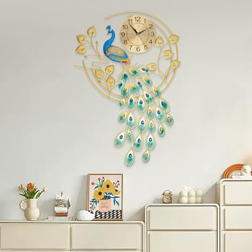 Large Peahen Wall Clock for Living Room Decor, Mid Century Decorative Big Peacock Wall Clocks Non-Ticking Silent 3D Creative Luxury Peacock Clock for Dining Room Bedroom