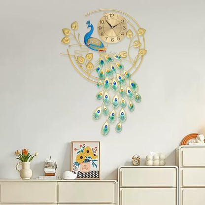 Large Peahen Wall Clock for Living Room Decor, Mid Century Decorative Big Peacock Wall Clocks Non-Ticking Silent 3D Creative Luxury Peacock Clock for Dining Room Bedroom