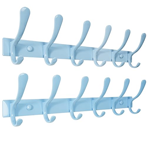 SKOLOO Heavy Duty Wall Mounted Coat Rack - 6 Hooks, Stainless Steel, Pack of 2, Sturdy Coat Hooks for Hanging Clothes, Jacket, Hat, Blue - color: Blue, size: 6 Hook(2 Pack)