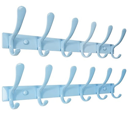SKOLOO Heavy Duty Wall Mounted Coat Rack - 6 Hooks, Stainless Steel, Pack of 2, Sturdy Coat Hooks for Hanging Clothes, Jacket, Hat, Blue - color: Blue, size: 6 Hook(2 Pack)