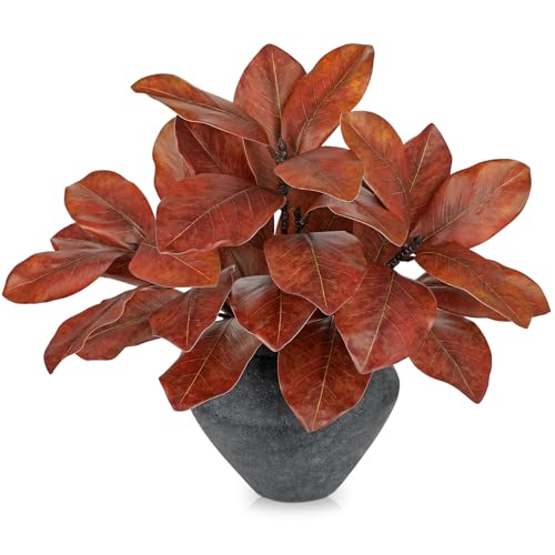 Briful Artificial Magnolia Leaves Stems 3 Pack 22in Orange Fake Magnolia Branches for Vase Fall Leaves Stems for Home Room Arrangements Centerpieces Thanksgiving Décor (Vase Not Included) - color: Orange Red