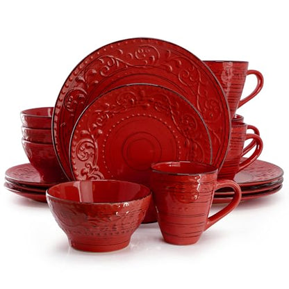 Elama Malibu Ocean Bloom 16-Piece Stoneware Embossed Pattern Reactive Glaze Red Dinnerware Set, Tableware, Serveware Set (Ocean Bloom Red) - color: Ocean Bloom Red