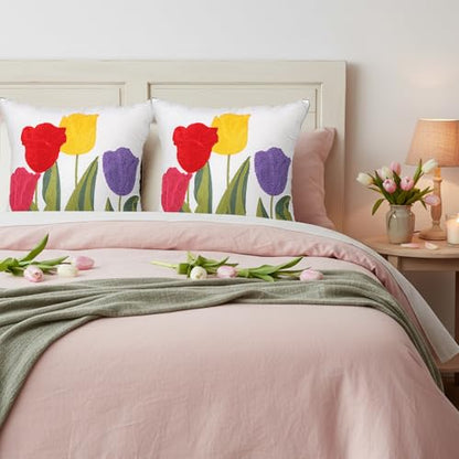 Hahafelt 2Pcs Spring Floral Embroidered Decorative Throw Pillow Covers 18"x 18" Tulip Flower Pillow Covers with Zipper Farmhouse Cushion Cases for Couch Bed Sofa Living Room Bedroom Decor Gift - style: Tulip