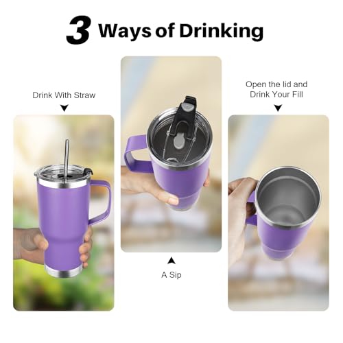 20 oz Tumbler with Handle, Stainless Steel Insulated Tumbler with Lid and Straw, Double Wall Vacuum Coffee Mug Tumbler, Insulated Coffee Thermal Cup for Cold and Hot (Purple) - color: Purple, size: 20 Ounces