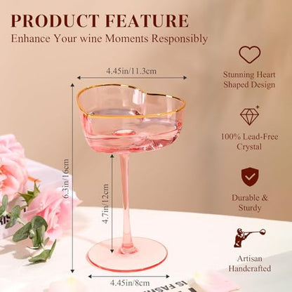 Pink Coupe Glasses Set of 4, Heart-Shaped Martini Glasses with Golden Rim, Fancy Manhattan, Cosmopolitan, Sidecar Cocktail Glassware for Christmas, Wedding, Birthdays - 8oz - size: 4 Count(Pack of 1)