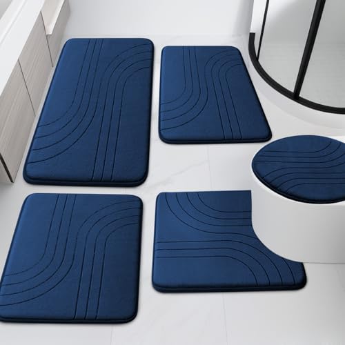 Blue Bathroom Rug Set 5 Pieces, Soft Non Slip Memory Foam Bath Mats, Extra Thick Bath Mats for Bathroom, Machine Washable Bath Rugs Set for Tub, Toilet and Floor - color: Blue-2, size: 5 pieces