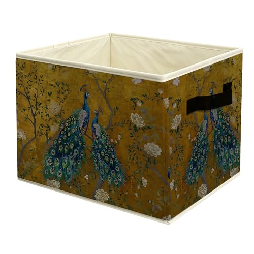 Gold Chinoiserie Floral Peacock Storage Basket Bin with Handles, Traditional Oriental Cottagecore Peony Blossom Peahen Collapsible Fabric Storage Organizer for Shelves Closet Clothes Toys - color: colour 7