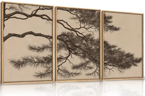 LHIUEM Large Vintage Pine Tree Branch Framed Canvas Wall Art,Sketch Botanical Wall Decor,Nature Plant Artwork,Brown Antique Etching Art Prints for Living Room,Bedroom,Office- 16"x24"x3 - color: Sketch Pine Tree Wall Art, size: 24"L x 16"W