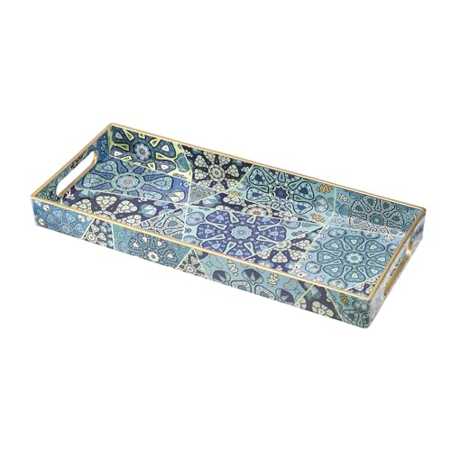 Plastic Bathroom Vanity for Countertop, Narrow Decorative Trays | Rectangular Serving Tray with Hanldes, Storage Dresser Trays Organizer for Toilet Tank, Jewelry, 13.8" X 6" X 1.57", Moroccan - color: Bohemian-5
