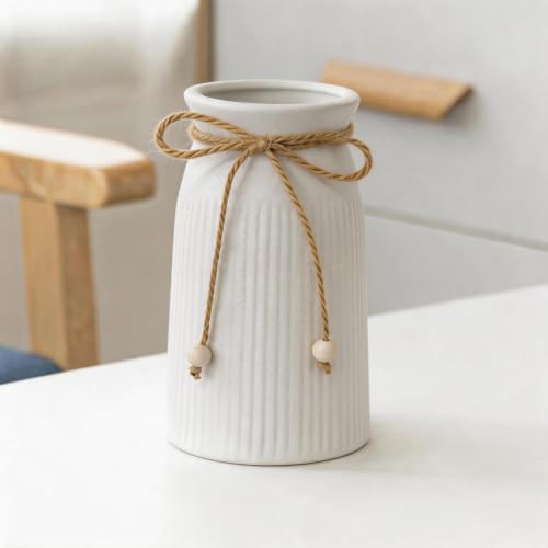 Rustic 6-Inch Ceramic Vase with Jute Rope & Wood Ball Charm for Home Décor, White Flower Vase for Table Centerpieces and Gifts, Ideal for Living Room, Bedroom - style: Elegant