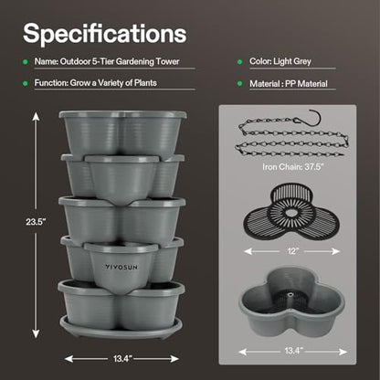VIVOSUN 2-Pack 5 Tier Vertical Gardening Stackable Planter for Strawberries | Planter for Flowers, Herbs, Vegetables, Grey - size: 2-Pack-Grey