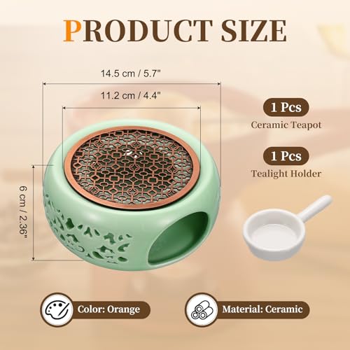 uxcell Teapot Warmer, Ceramic Tea Warmer Ceramic Teapot Heater with Alloy Pad Tealight Holder for Heating Coffee Milk Water Heatproof Dish Warming Use, Plum Green Ocean Flower Design - color: Plum Green