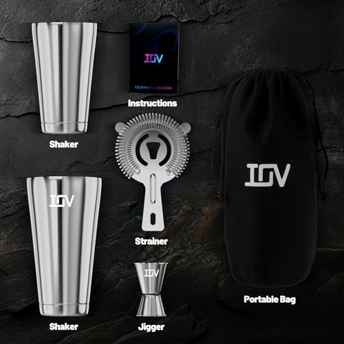 IOV Boston Cocktail Shaker Bar Set, Bartender Kit Drink Mixer Set with 18 oz & 28 oz Boston Shakers, Hawthorne Strainer, Double Jigger, Bar Tool Kit and Recipe Booklet - Silver - color: 3 Pcs - Silver