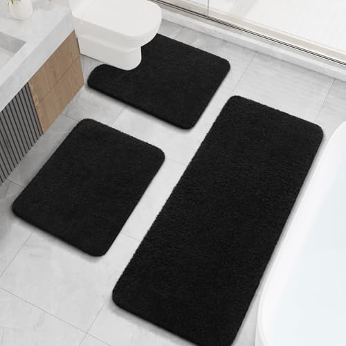 LOCHAS Bathroom Rugs Sets 3 Piece, Long Bath Mat Set Non Slip, Black | Washable Absorbent Toilet Rug, Shaggy Soft Cozy Quick Dry - color: Black, size: 48" x 20" + 24" x 17" + U Shape 24" x 20"