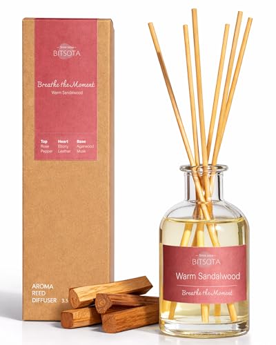 Natural Reed Diffuser Set, Warm Sandalwood 3.52 oz (100ml) Scented Diffuser with Sticks Home Fragrance Reed Diffuser for Bathroom Shelf Decor, Ideal Gift for Woman